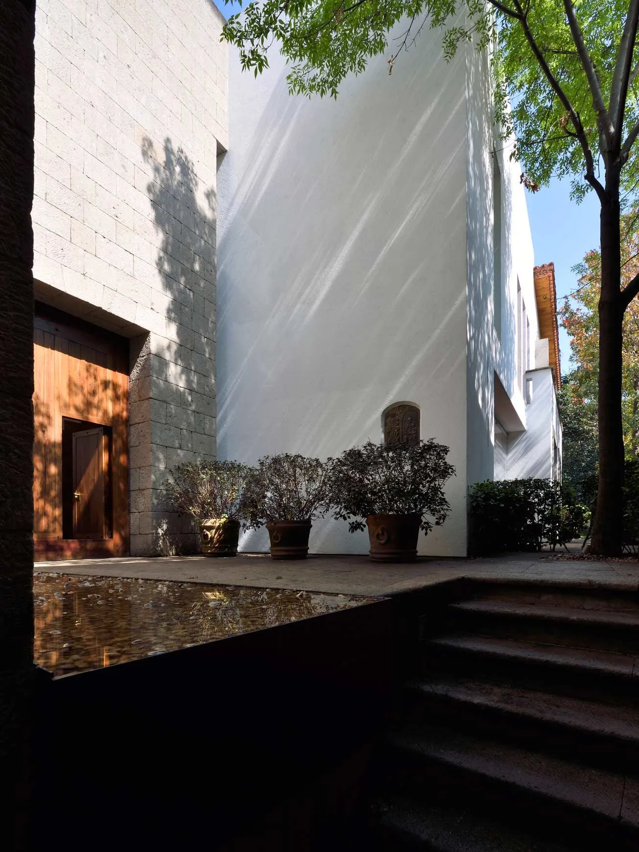 Casa FR: patio con espejo de agua y muro blanco