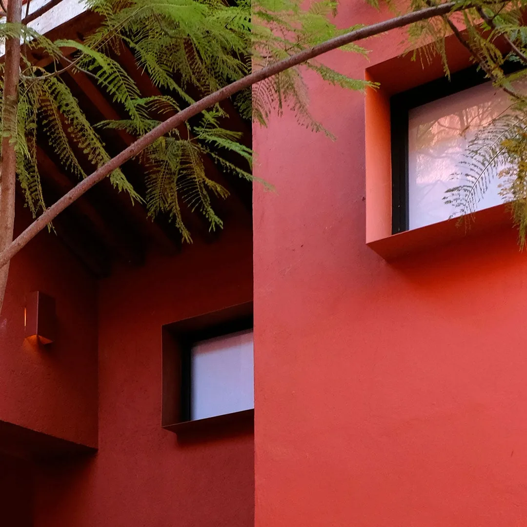 Casa CU 2: ventana profunda en un muro rojo, entre helechos