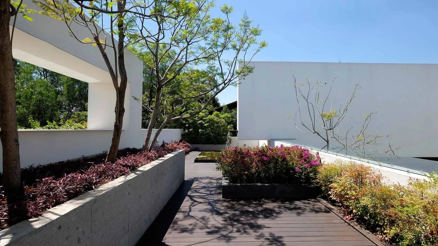 Casa LV: terraza ajardinada con deck de madera y árboles