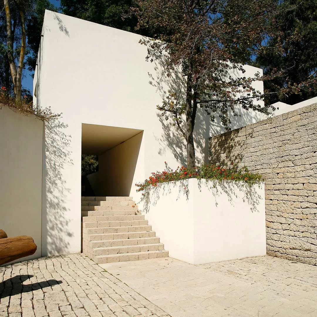 Casa LO: escalinata de piedra entre muros blancos y un árbol